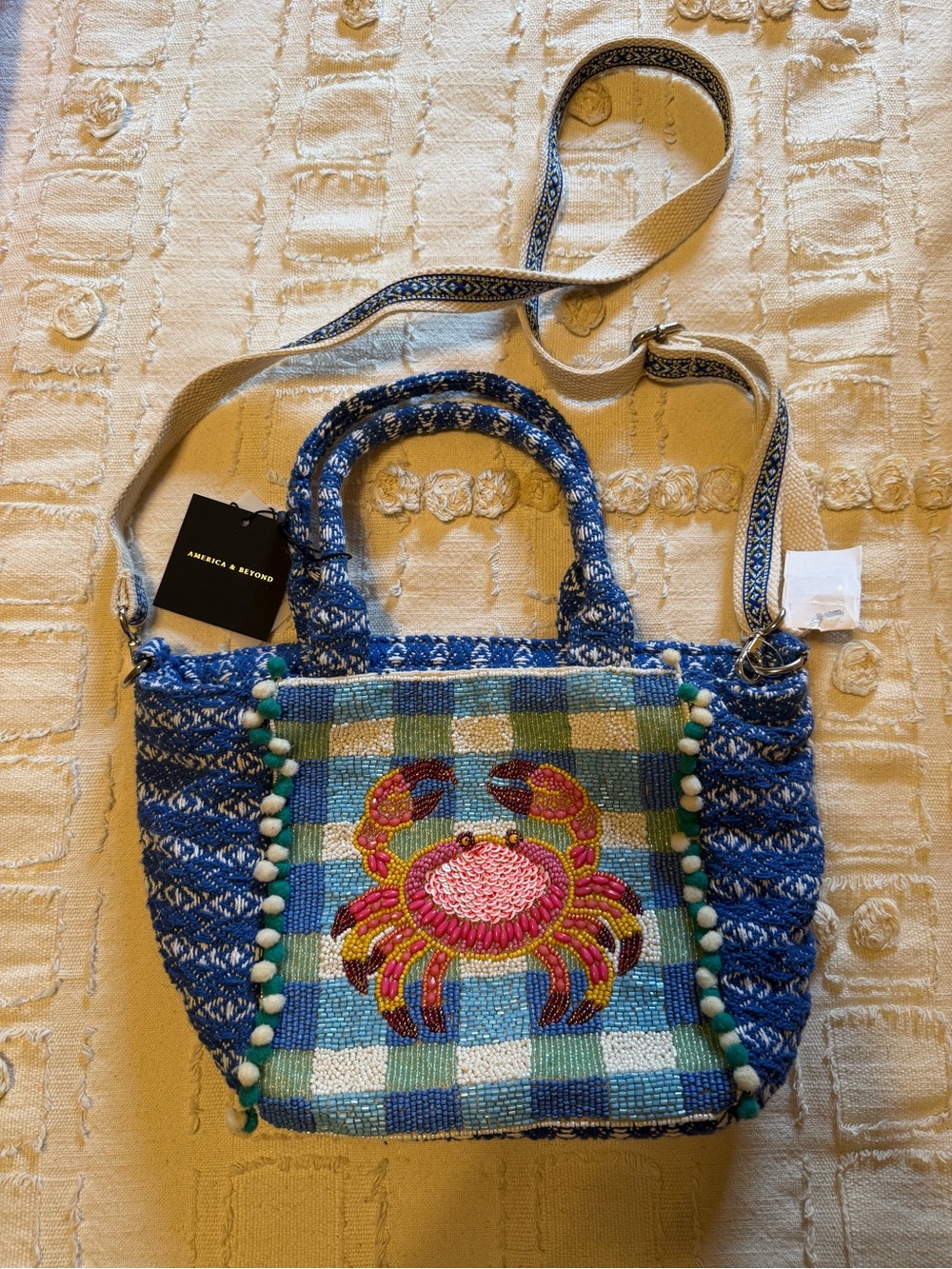 Blue Crab Embellished Crossbody Tote